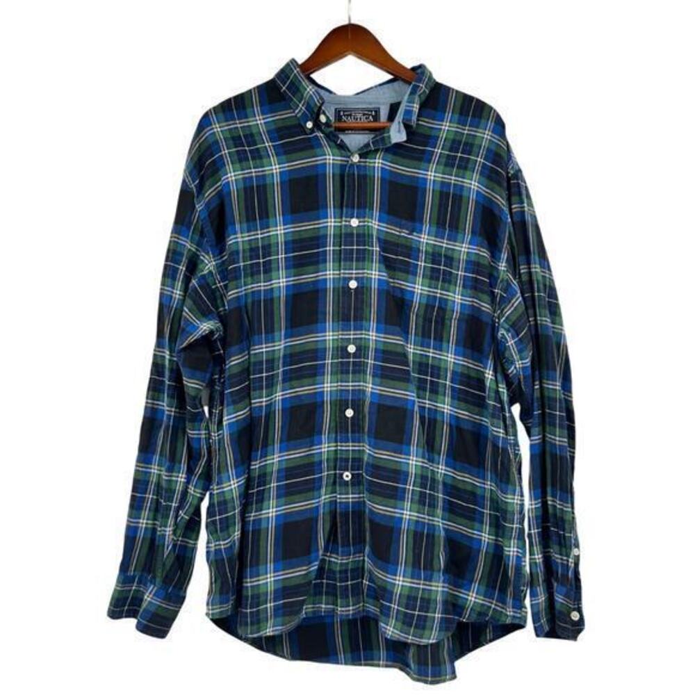 Nautica Men's plaid button down collared cotton long sleeve shirt preppy size XL